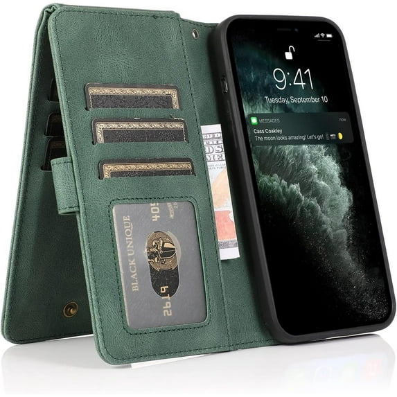Luxury Beautiful Wallet-Style flip Phone case with Card Slot Holder TPU+PU Shockproof Leather case for iPhone 14 11 Pro Max 12 13 Mini 6s 7 8 Plus SE XS XR(Green,iPhone XR)