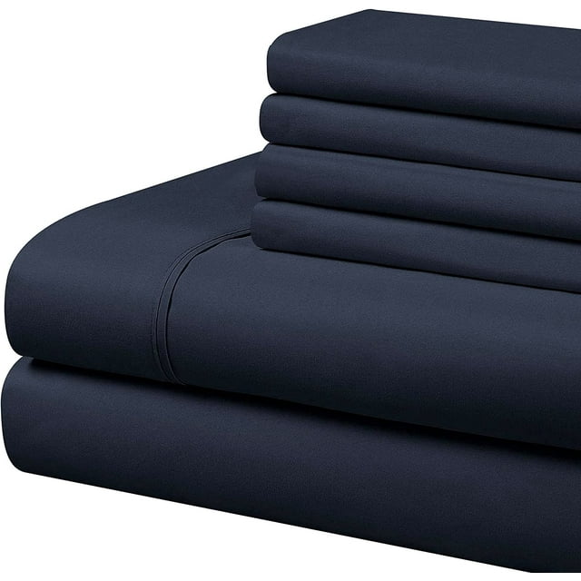 Luxury Bed Sheet Set 6 Piece - 12 Inch Deep Pocket - 400 Thread Count - 100% Egyptian Cotton, Cool and Breathable - Extra Soft and Luxury - Navy Blue Solid, Full XXL Size.