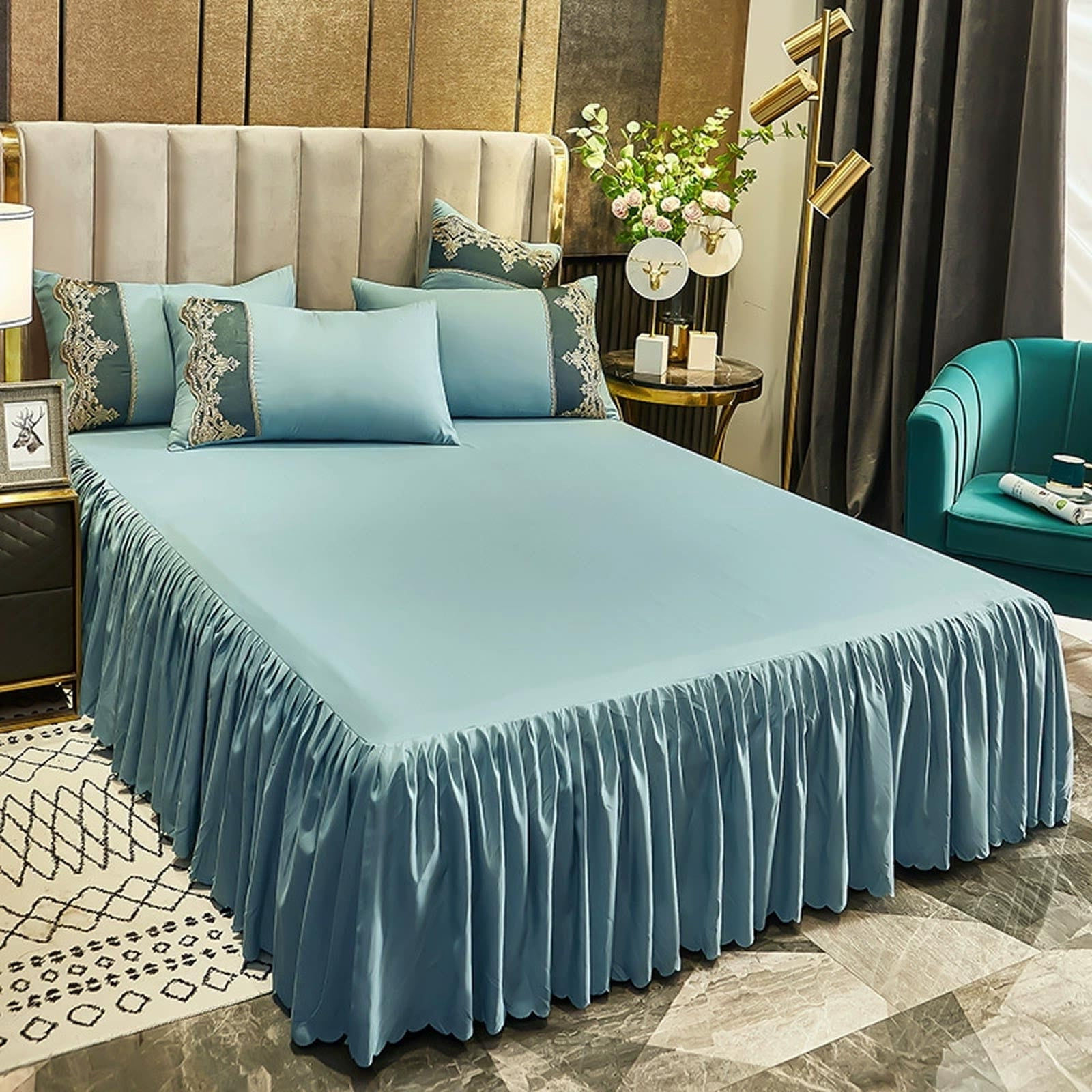 Luxury Bed Skirt with Lace Trim, Blue, Full Coverage Dust Ruffle for Queen Size Bed, Soft Brushed Fabric, Skidproof Elastic Corners, All Season Bedding Cover (1 Pc)