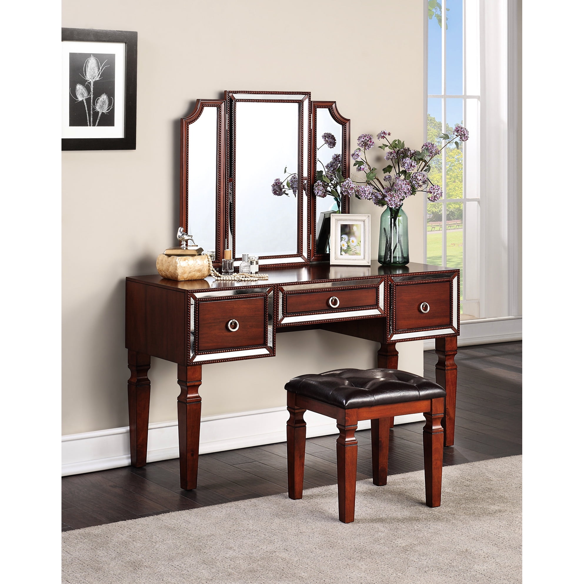 Luxury Bedroom Vanity With Stool - Cherry Color, 3 Storage, Tri Mirror ...