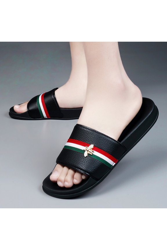 Luxury Bee Emblem Green Red White Stripe Leather Slide Slippers