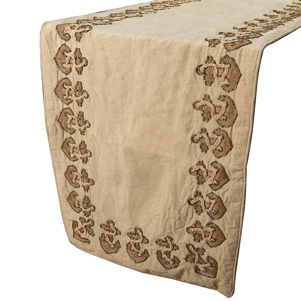 Luxury Beige Handmade Table Runner 14 x 108 inch, Beaded Embroidery Table Runner on Linen fabric - Anchor Hold