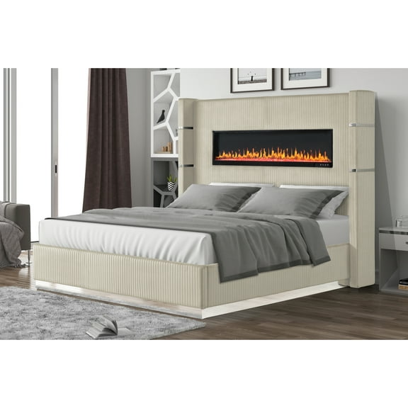 Luxury Beige King Bed With Fireplace And Upholstery Stylish Electric Feature