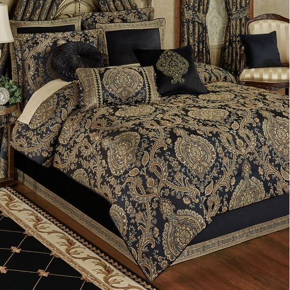 Luxury Bellevue Jacquard Woven, Scroll Medallion Bedding, 4-Pc Black Queen Comforter Set