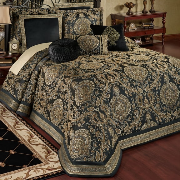 Luxury Bellevue Jacquard Woven, Scroll Medallion Bedding, 6-Pc Black Queen Bedspread Set