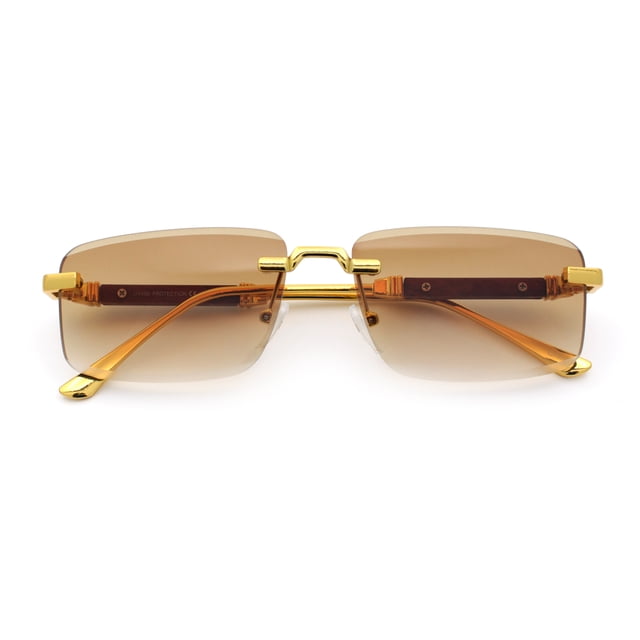 Luxury Beveled Lens Rich Art Retro Rimless Gangster Narrow Rectangle Sunglasses Gold - Brown
