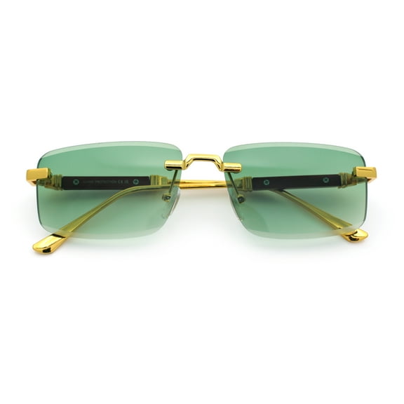 Luxury Beveled Lens Rich Art Retro Rimless Gangster Narrow Rectangle Sunglasses Gold - Green