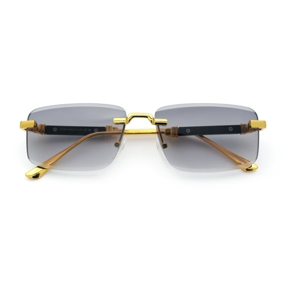 Luxury Beveled Lens Rich Art Retro Rimless Gangster Narrow Rectangle Sunglasses Gold - Smoke