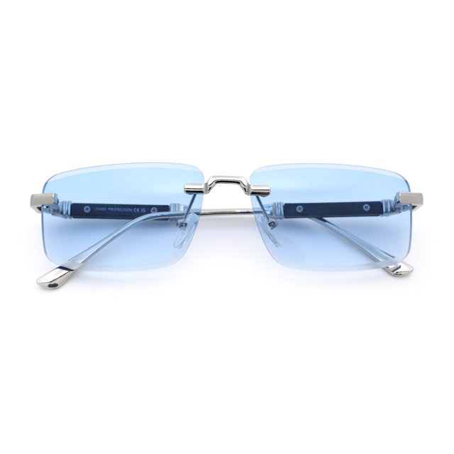 Luxury Beveled Lens Rich Art Retro Rimless Gangster Narrow Rectangle Sunglasses Silver - Blue