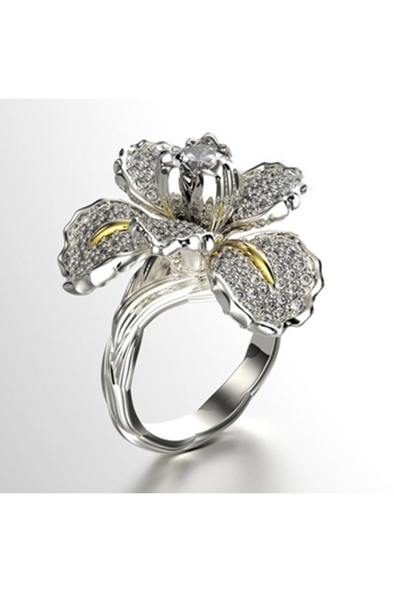Luxury Big Flower Shape Micro Pave Zircon Crystal Party Engagement Ring