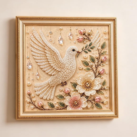 Luxury Bird Pearl Art DIY Kit, 5D Pearl Diamond Painting Kit with Bird and Floral Design, Creative Crystal Gems Rhinestones Pearls Manual Art Craft, Beginners DIY Craft Lovers(Dove of Peace)