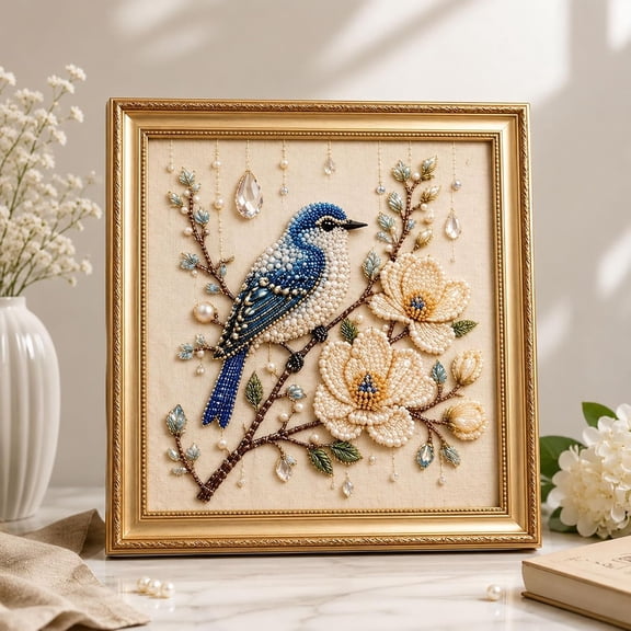 Luxury Bird Pearl Art DIY Kit, 5D Pearl Diamond Painting Kit with Bird and Floral Design, Creative Crystal Gems Rhinestones Pearls Manual Art Craft, Beginners DIY Craft Lovers(C)