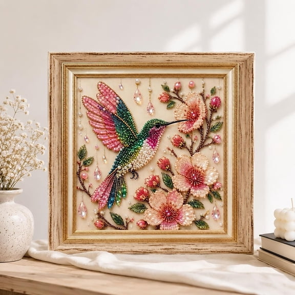 Luxury Bird Pearl Art DIY Kit, 5D Pearl Diamond Painting Kit with Bird and Floral Design, Creative Crystal Gems Rhinestones Pearls Manual Art Craft, Beginners DIY Craft Lovers(Hummingbird)