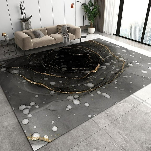 Luxury Black And White Marble Rugs For Living Room, Gradient Black Bubble Gold Foil Kids Area Rug, Breathable Pet Friendly Soft Washable Rug For Bath Room Nursery Bedside Bedroom Carpet