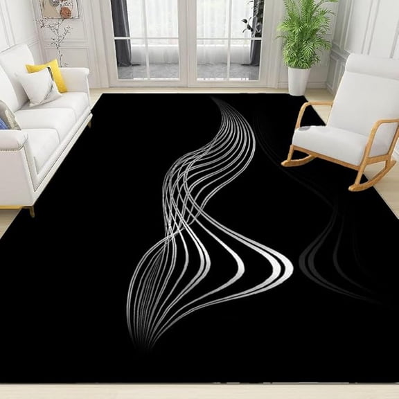 Luxury Black Area Rug, Silver Wave Rugs Carpet for Living Bedroom Dining Room Decor 3 x 5ft