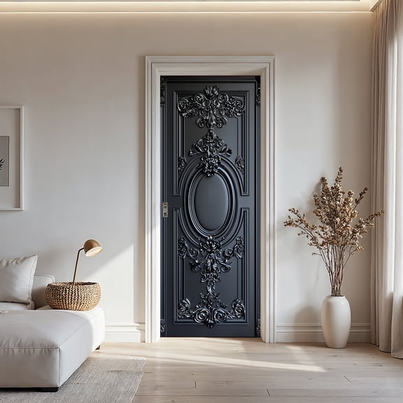 Luxury Black Baroque Carved Door Sticker, Ornate 3D Embossed Door Mural Decal for Elegant Home Entryway