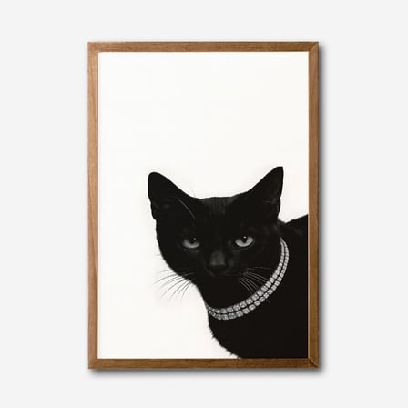 Luxury Black Cat with Diamond Necklace &ndash; Minimalist Canvas Wall Art