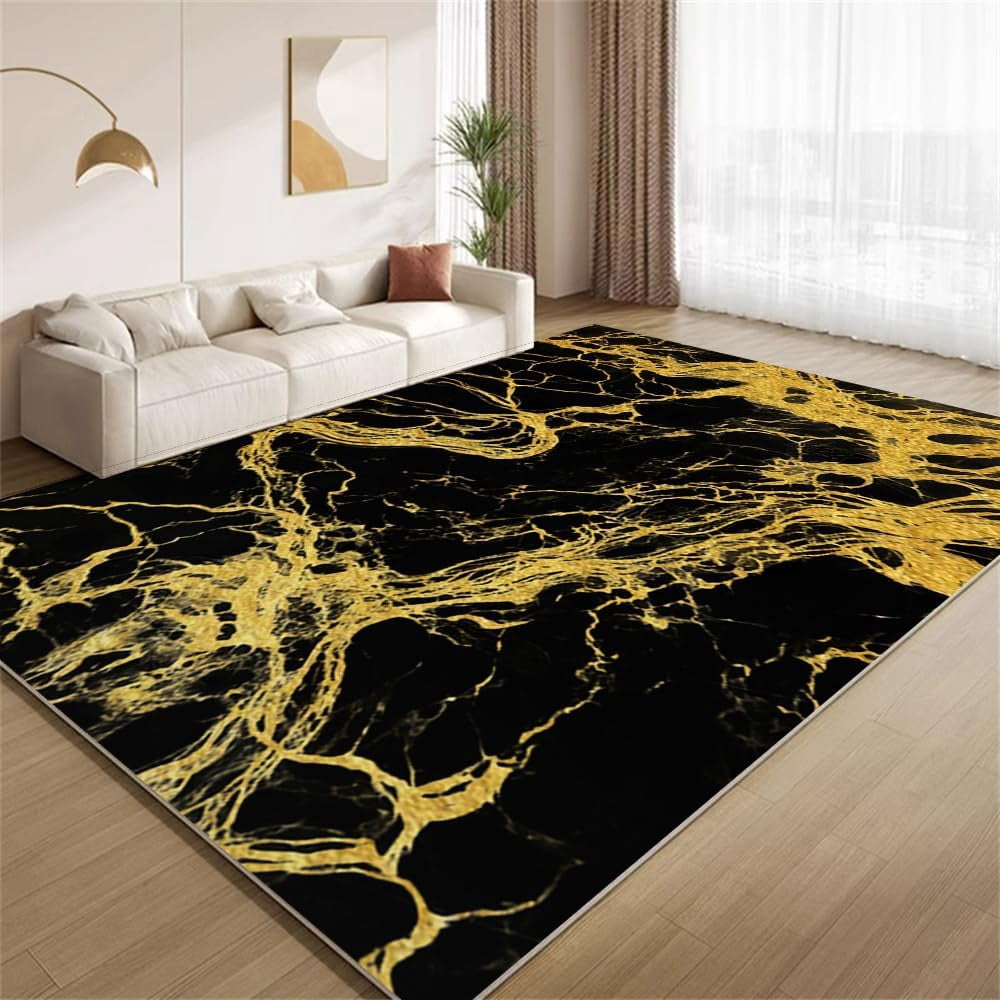Home Rug Gold Luxury Black Gold Area Rugs Abstract Golden Fluid Rugs Soft Non Slip ...