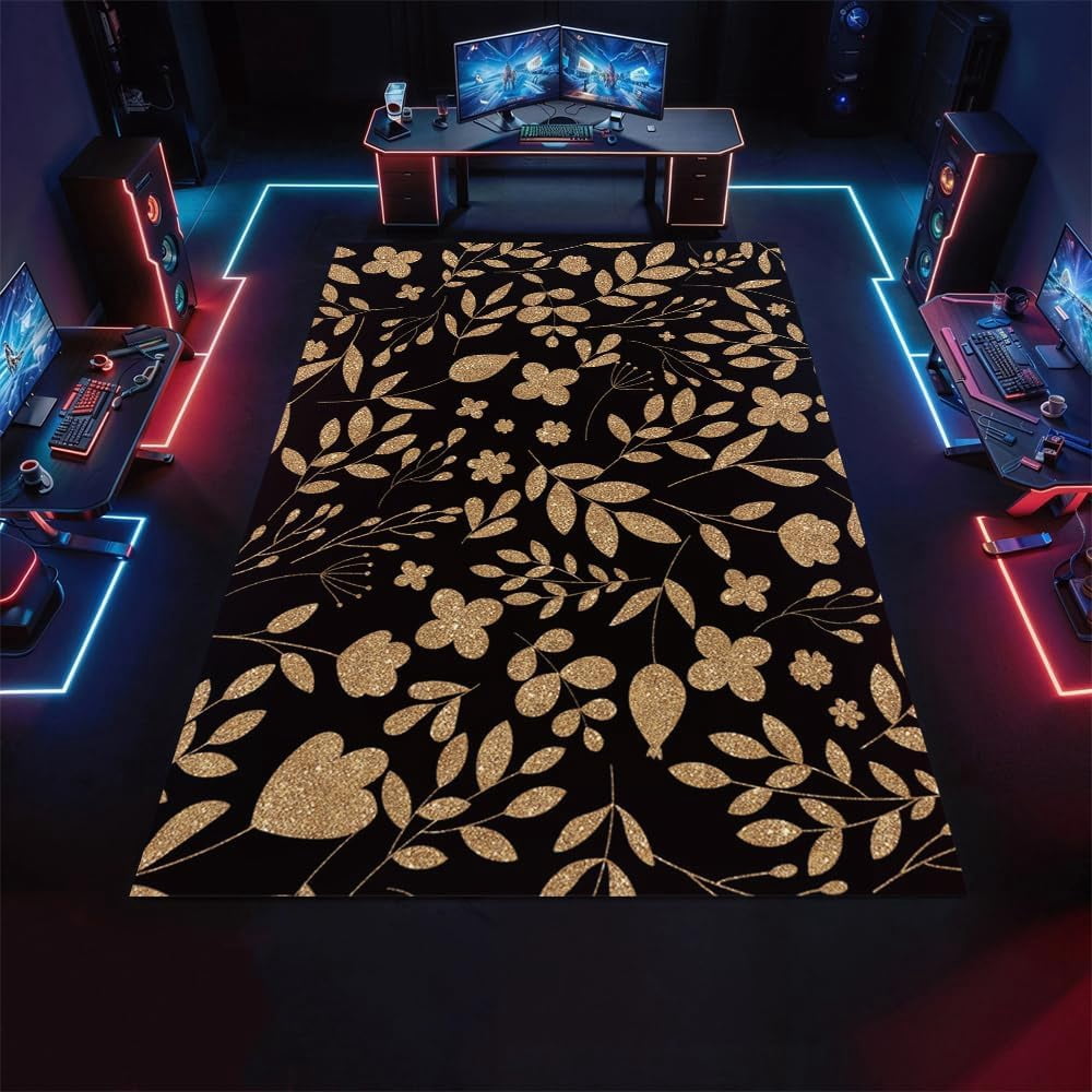 Home Rug Gold Luxury Black Gold Area Rugs Gold Foil Plants Flowers Rugs Soft Washable ...