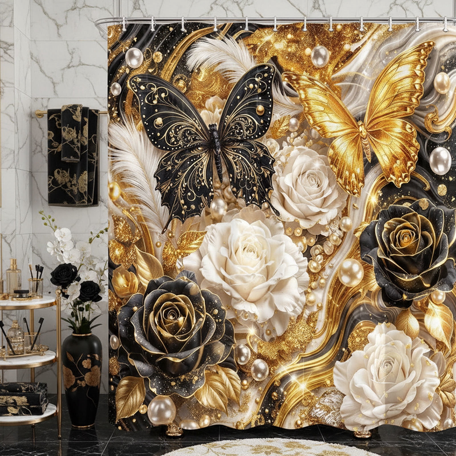 Luxury Black and Gold Butterfly Floral Shower Curtain, Elegant Marble Rose Modern Texture Shower Curtains for Bathroom Decor, Elegant Golden Fluid Aesthetic Bath Curtain Set with Hooks, 48X70IN
