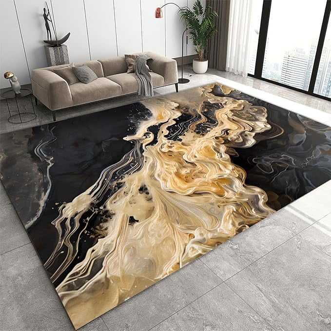 Luxury Black Gold Fluid Texture Area Rug, Modern Golden Swirl Marble ...