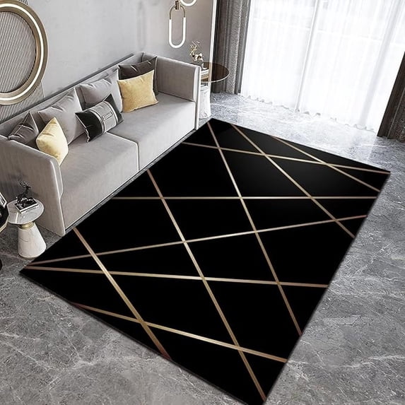 Luxury Black Gold Line Area Rug, Modern Geometric Art Home Decor Rug, Easy Clean Carpet Washable Indoor Non-Slip Rug For Boys And Girls Bed Living Room Carpets Nursery Decor 5x8ft