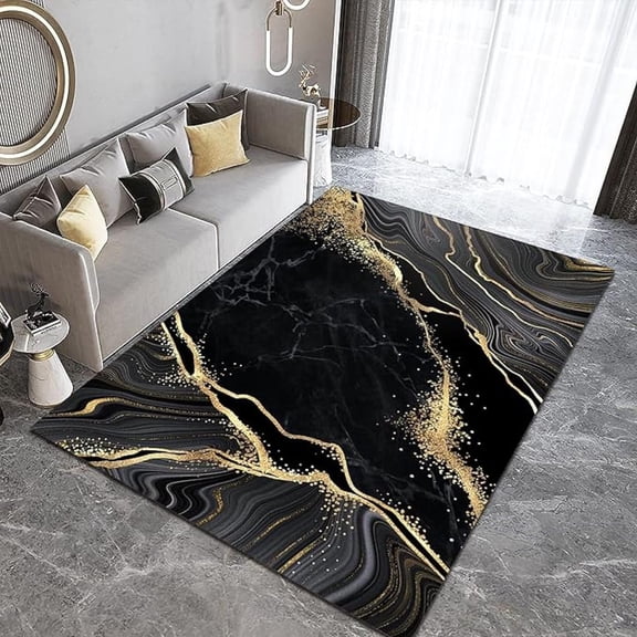 Luxury Black Gold Marble Area Rug Abstract Night Sky Grey Line Art Indoor Rugs Anti Slip Easy Clean Carpet Living Room Bedroom Kitchen Dining Home Office Floor 2x3 Small Non-slip