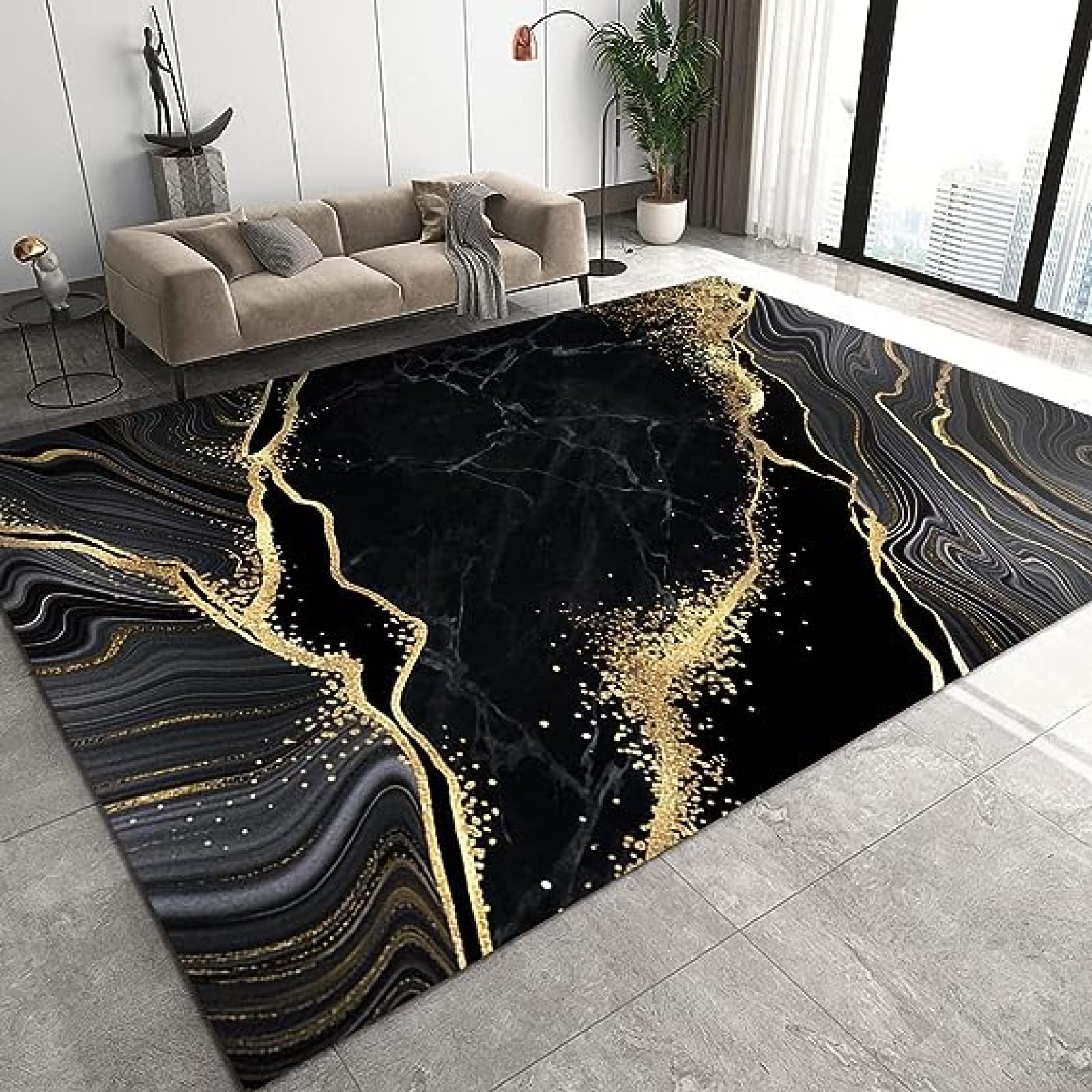 Luxury Black Gold Marble Area Rug, Abstract Night Sky Grey Line Art