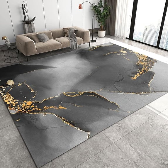 Luxury Black Gold Marble Area Rug, Modern European Geometric Swirl Art Washable Carpet, Indoor Non-Slip Rug For Room Sofa Living Room Mat Bedroom Home Decor Floor Mats 5 x 7ft