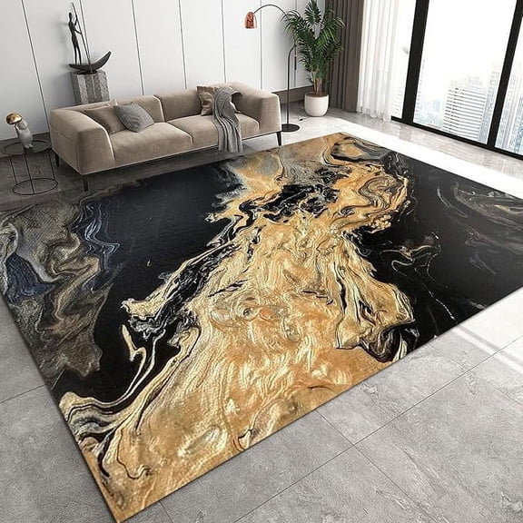 Luxury Black Gold Marble Area Rug, Modern Golden Swirl Art Decorative Rug, With Easy Clean Carpet For Living Room Bedroom Kitchen Dining Room Home Office Floor Rug 3 x 4ft