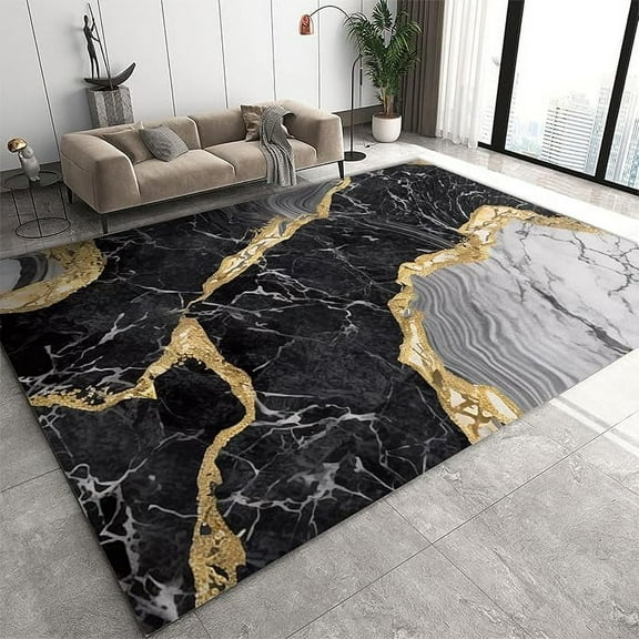 Luxury Black Gold Marble Area Rug, Nordic Abstract Crack Print Indoor Rugs, Anti-Slip Backing Washable Floor Carpet For Study Dining Room 2 x 3ft