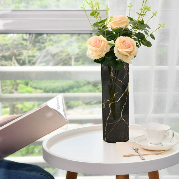 Luxury Black Gold Marble Flower Vase 11.8x3.9 inch Vases Clear Non Breakable Plastic for Modern Home Wedding Decor