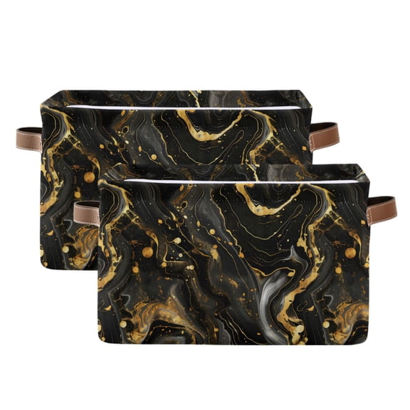 Luxury Black Gold Marble Storage Bins with Handle Fabric Organizer Basket Foldable Box 2 Pack 14.2x10.2x8.3