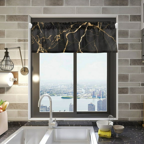 Luxury Black Gold Marble Valance Curtains 54"x18" Rod Pocket for Kitchen Living Room Windows Farmhouse Decor