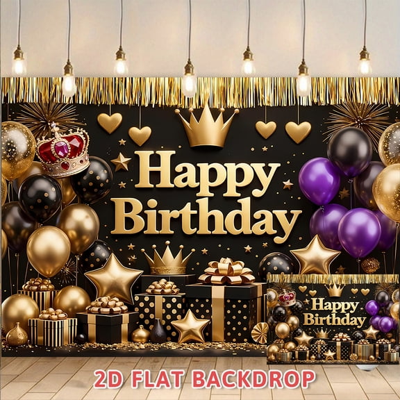 Luxury Black Gold Purple Happy Birthday Backdrop,Adult Party Decoration Background Wall,Photo Booth Prop For Anniversary Banquet,Gathering And Celebration Event Ambiance Decor
