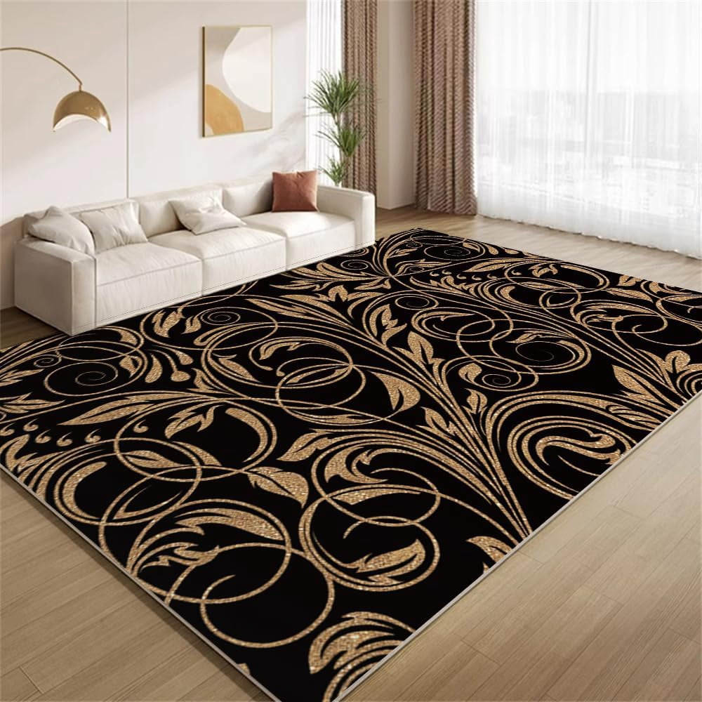 Luxury Black Gold Rug 4x5ft Area Rugs Elegant Golden Flowers Rugs Ultra ...