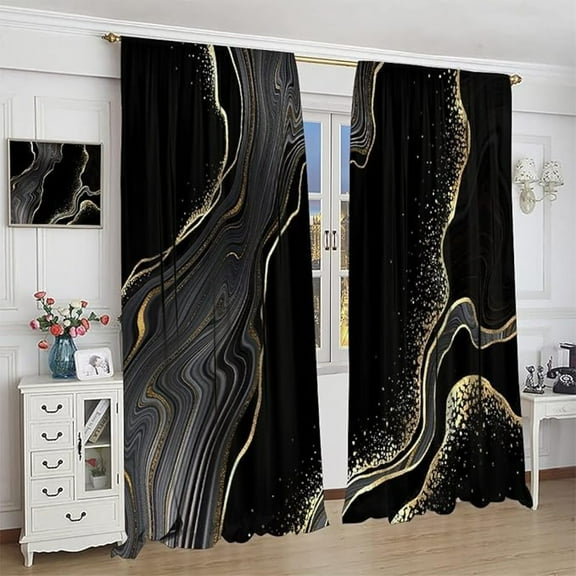 Luxury Black Gold Window Curtains, Modern Abstract Marble Style Room Darkening Door Window Rod Pocket Curtain For Living Room Bedroom Decor 26"W x 54"L (Pack of 2)