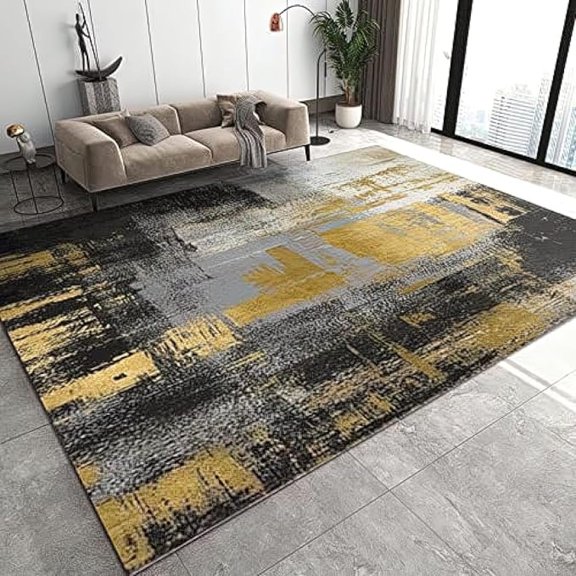 Luxury Black Gray Gold Oil Painting Texture Area Rug, Non Slip Noise Reduction Large Area Rugs, Easy Care Stain Resistant Carpet For Indoor Living Room Bedroom Office Decor Mat 5x7ft