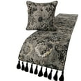 thumbnail image 1 of Luxury Black & Grey Queen 74 x 18 inch Bed Runner with pillow cover, Velvet Damask with Tassels Bed Scarf, Abstract Modern - Paved Damask, 1 of 5