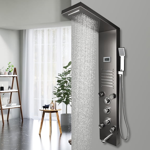 Luxury Black LED Shower Panel Tower System with Wall-Mounted Mixer, Temperature Control Screen, SPA Massage Functions, and Dual Shower Head, Modern Bathroom Upgrade for Spa Experience