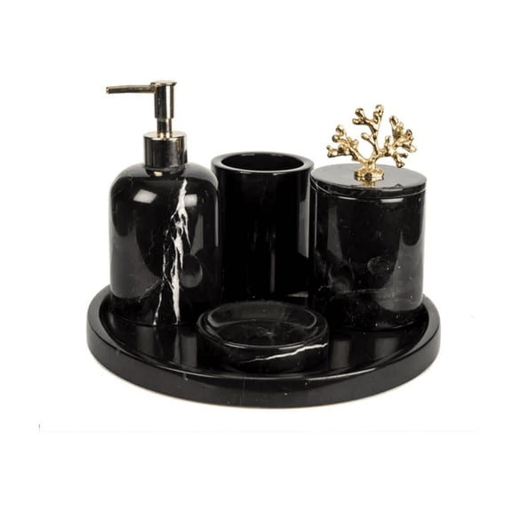Luxury Black Marble Bathroom Accessory Set  5-Piece Vanity Countertop Organizer with Soap Dispenser, Toothbrush Holder, Cotton Jar with Lid, Soap Dish, and Tray