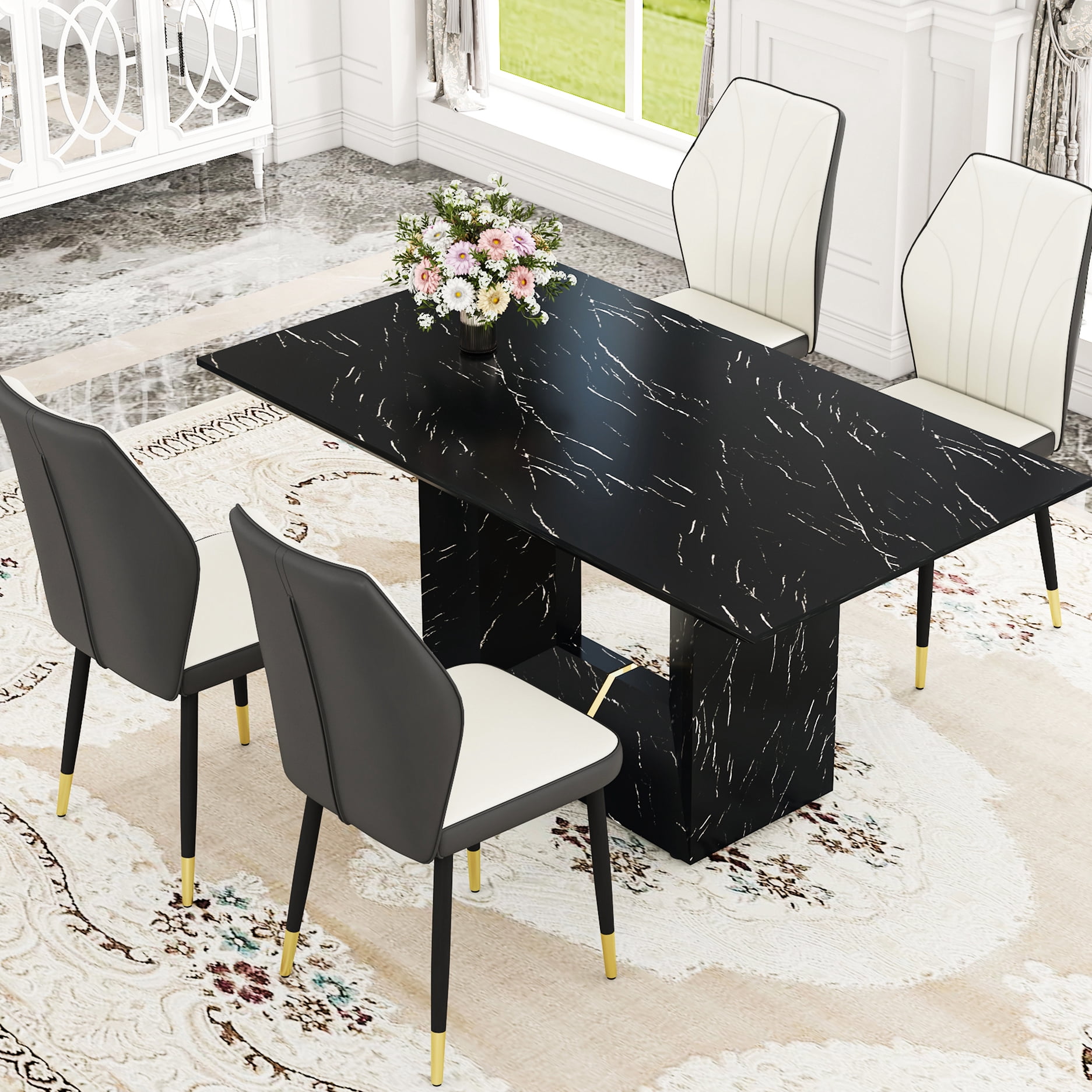 Luxury Black Marble Pattern Dining Collection, 63x35.4, 4 Pu Chairs ...