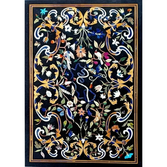 Luxury Black Marble Table Top Semi Precious Stone Inlay for Handmade Kitchen Center and Artful Home Decor"