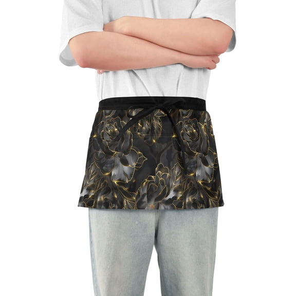 Luxury Black Rose Server Apron with 3 Pockets Waterproof Waitress Waist Short Apron for Man Woman 12 Inches