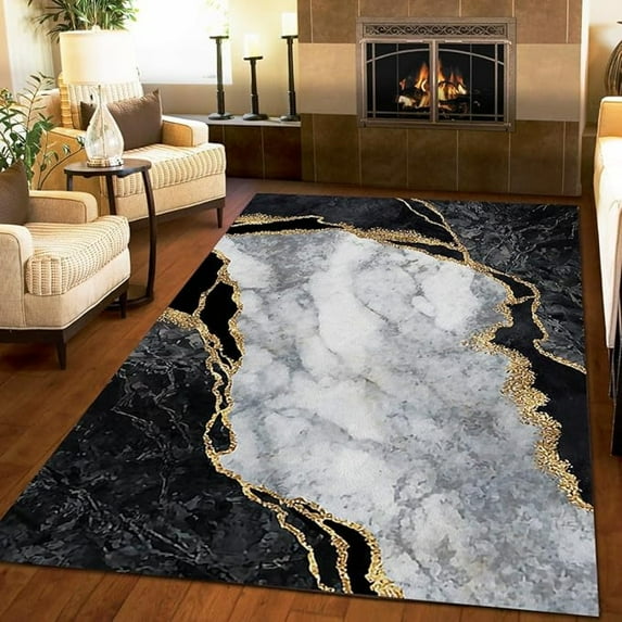 Luxury Black And White Gold Marble Texture Indoor Rug, Modern Home Decor Art Area Rugs, Non-Slip Washable Foldable Soft Kitchen Mat For Bedroom Living Room Entryway Hallway Office 4x5ft