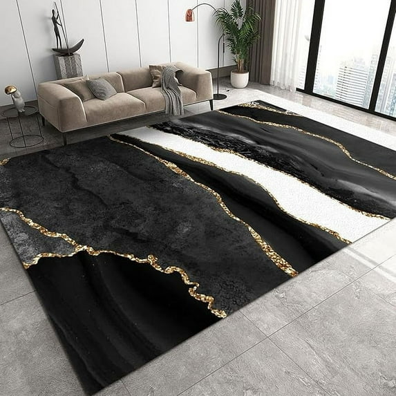 Luxury Black And White Gray Gold Marble Area Rug, Nordic Abstract Geometry Washable Carpet, Easy Clean Foldable Soft Rugs For Living Room Bedroom Entryway Hallway Dorm 3 x 5ft
