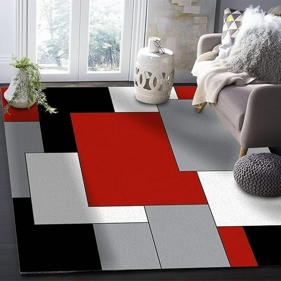 Luxury Black And White Red Geometric Area Rug For Bedroom, Square Overlay Living Room Rug, Foldable No Crease Anti-Skid Dirty Resistant Washable Rug For Garden Front Porch 5'3" x 6'7"