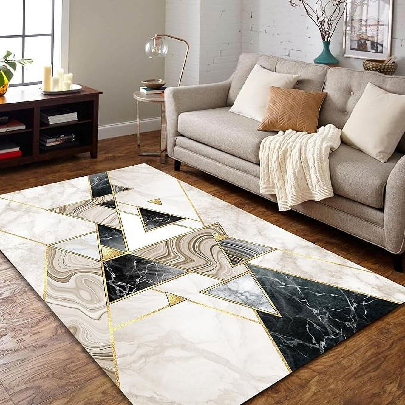 Luxury Black White Rugs For Bedroom, Modern Abstract Marble Low-Pile ...