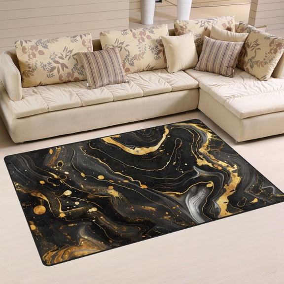 Luxury Black and Gold Marble Area Floor Mats Non-Slip Rugs Soft Doormat 31 x 20 inch Carpet for Living Dining Room Bedroom Decorative