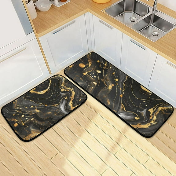 Luxury Black and Gold Marble Kitchen Rugs Set Non Slip Mats Runner for Dining Room